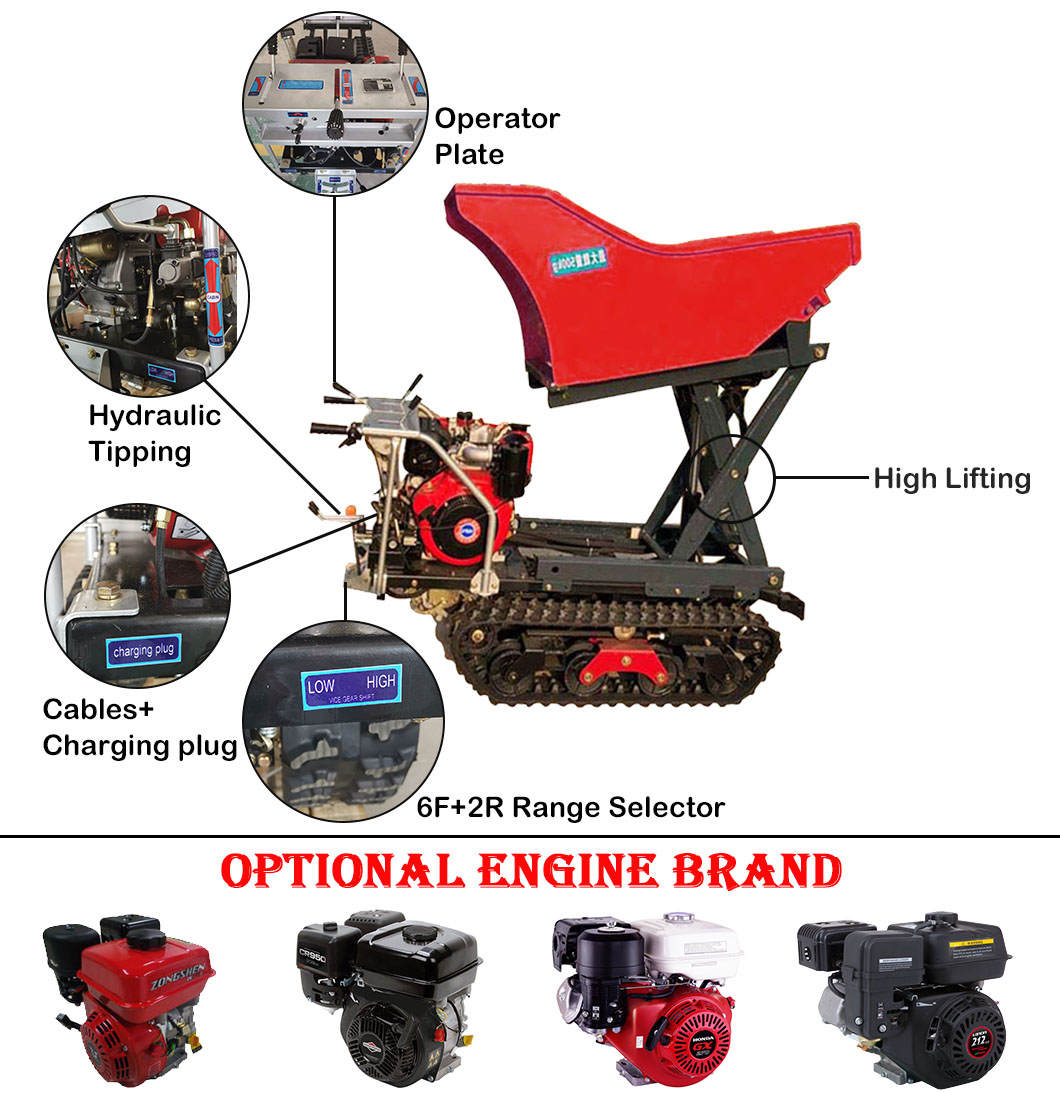 Technical diagram of the mini dumper showing hydraulic controls and transmission selector