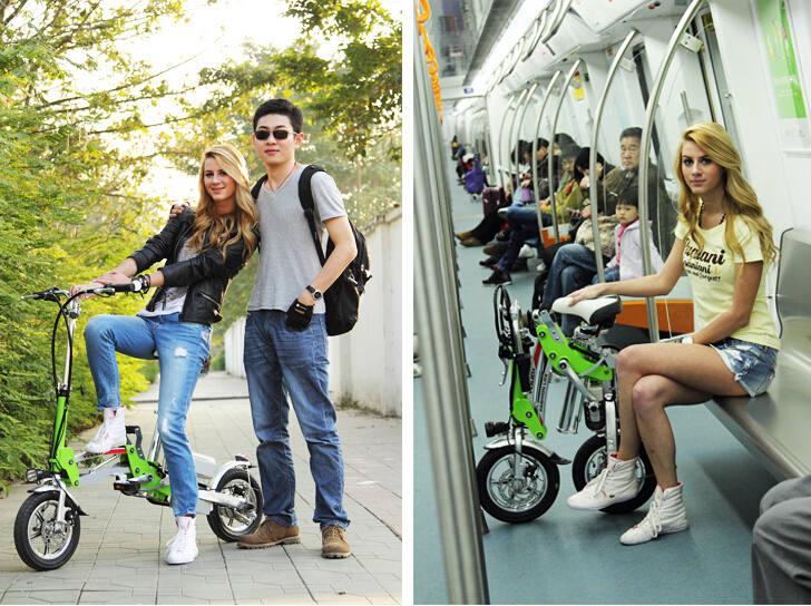 Compact and portable electric bicycle in a lifestyle setting