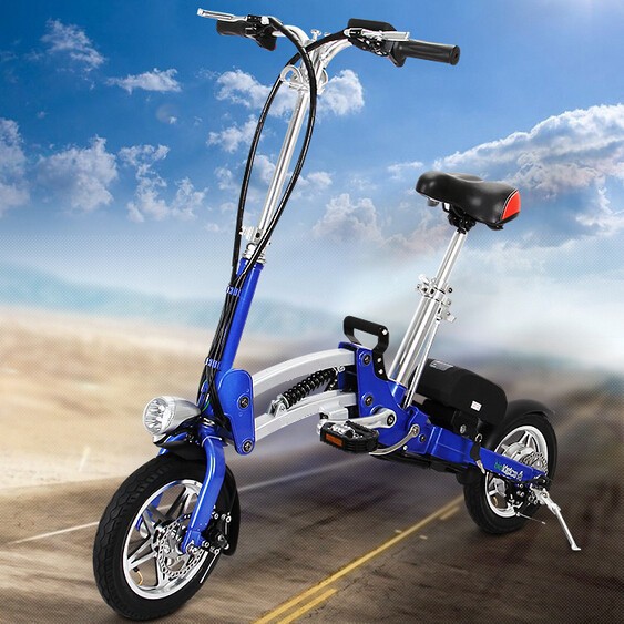Mini electric folding scooter bike in blue and silver