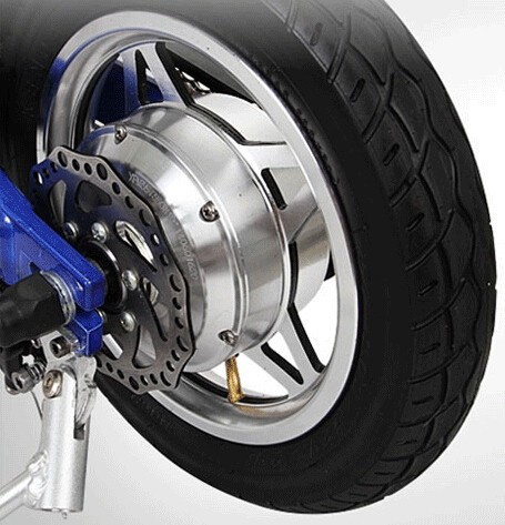 Close-up of the rear wheel assembly with hub motor and disc brake