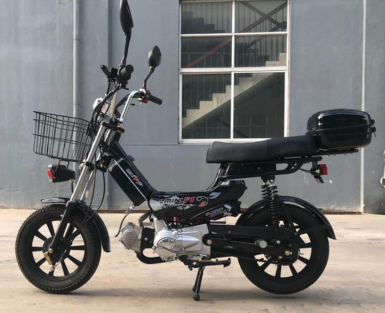 Mini motorcycle with front basket and rear storage