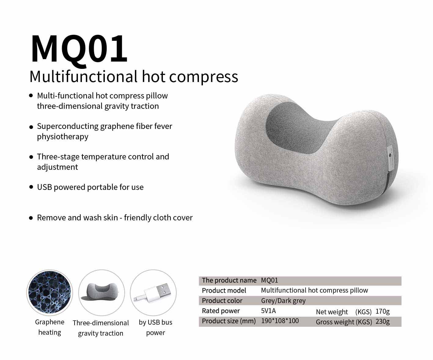 Heated neck massage pillow with graphene fiber technology