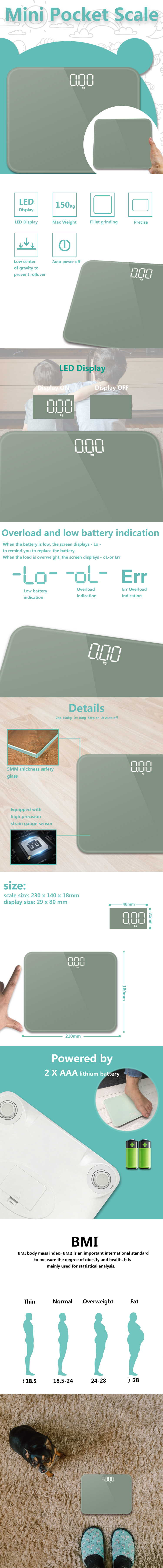 Infographic showing scale dimensions, battery requirements, and BMI reference chart