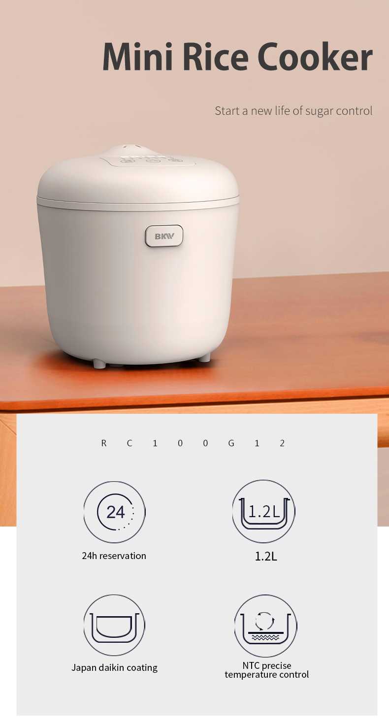 Mini rice cooker showing 24-hour reservation and Japan Daikin coating features