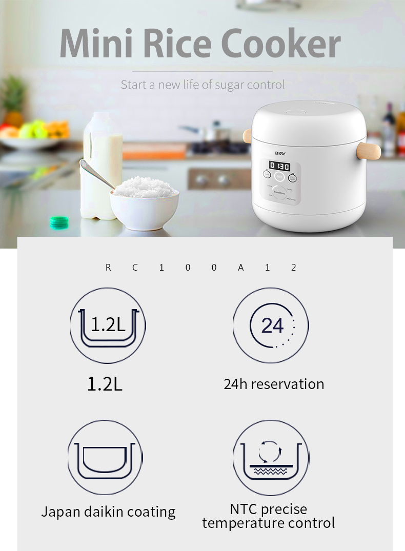 Mini rice cooker with 1.2L capacity and sugar control features