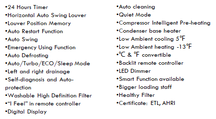 Mini split air conditioner feature overview chart