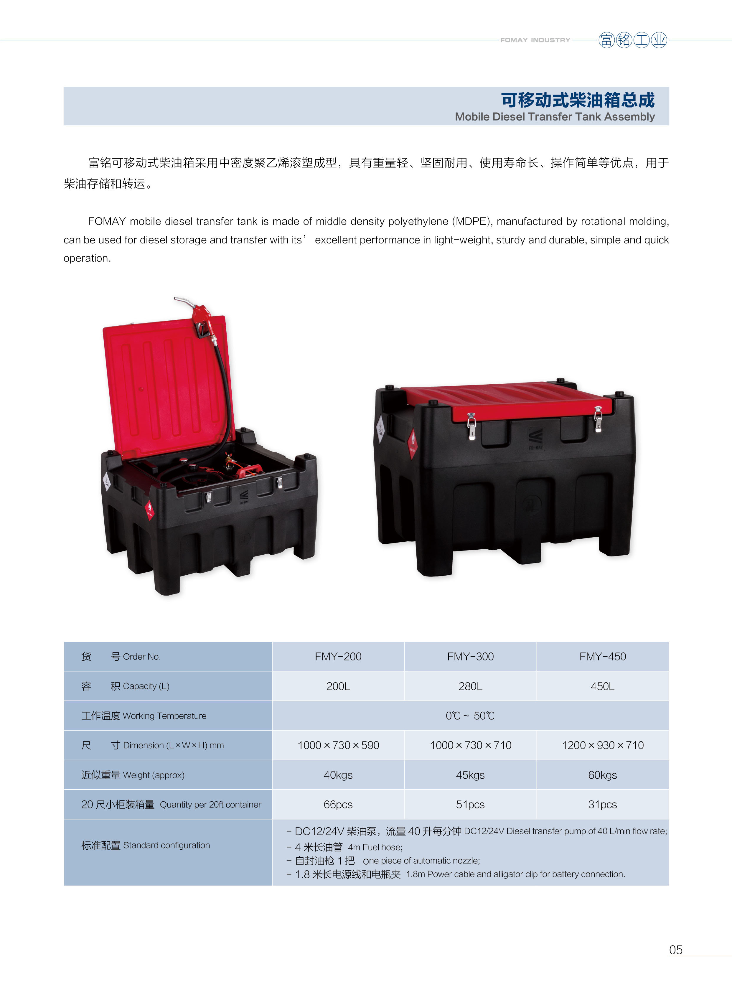 Mobile diesel transfer tank technical specifications chart