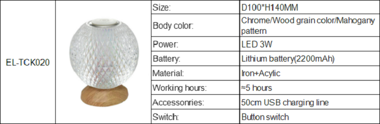 Technical specification sheet for the rechargeable LED table lamp