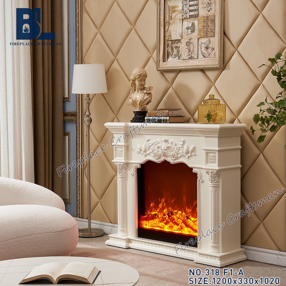 modern freestanding corner white electric fireplace heater with mantel and shelves - Image 2