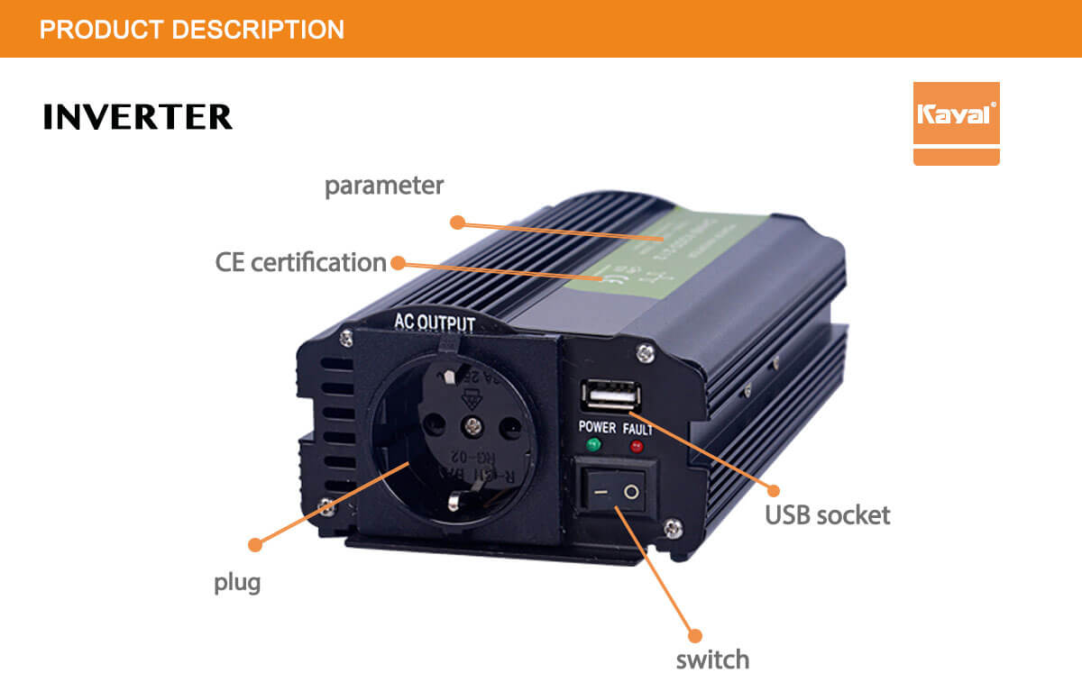 Close up of inverter interface showing AC outlet, USB port, and LED indicators