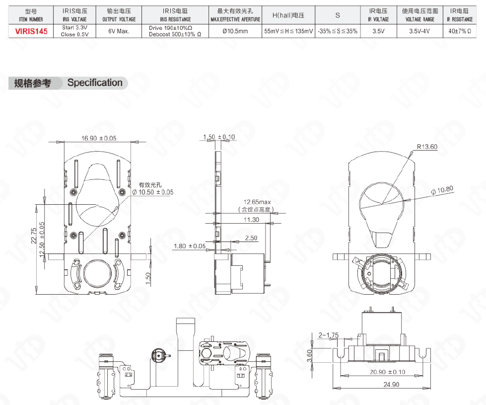 Technical drawing and specification summary of the VIRIS145 iris module