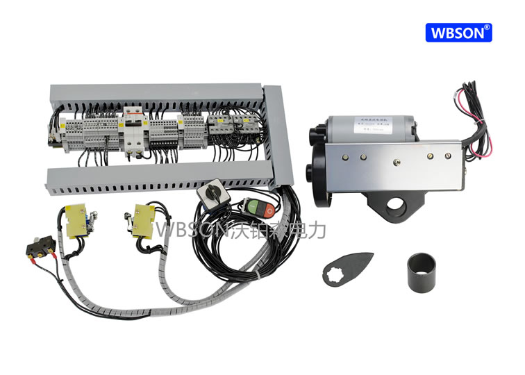 WBS020 Motor control kit components including motor, control panel, and hand-held pendant
