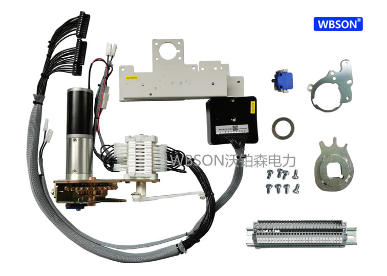Motor control kit components including motor, control unit, and wiring harness