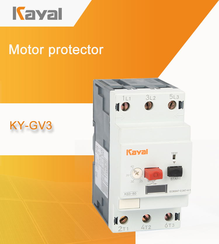 Front view of the motor protection circuit breaker showing start/stop buttons and current adjustment dial.