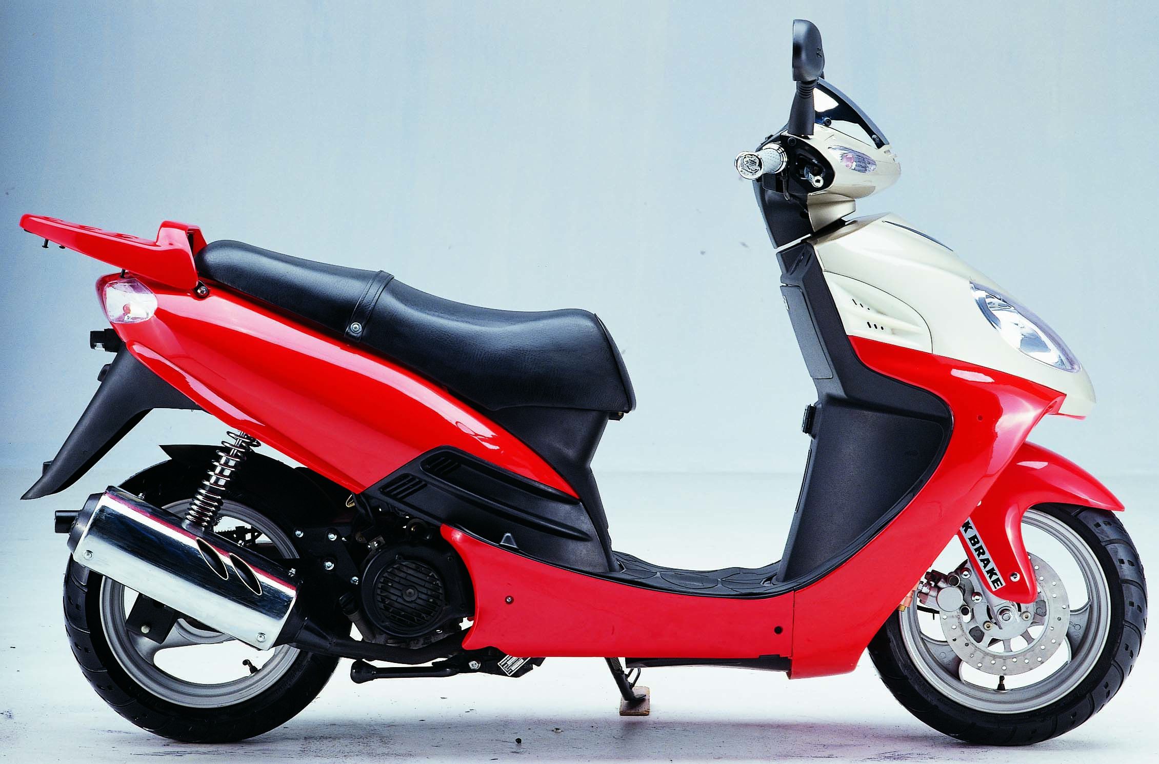 Red and Beige Step-Through Gas Scooter with Rear Rack