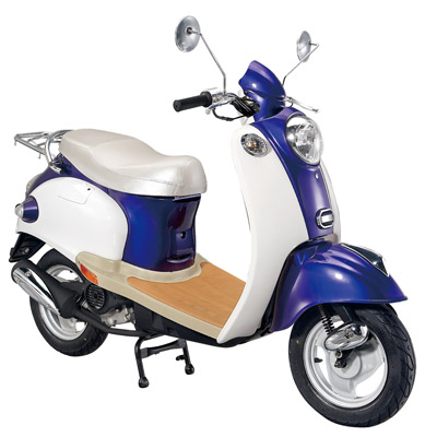 Blue and White Step-Through Gas Scooter