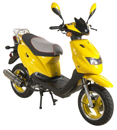 Yellow Step-Through Gas Scooter with Rear Rack