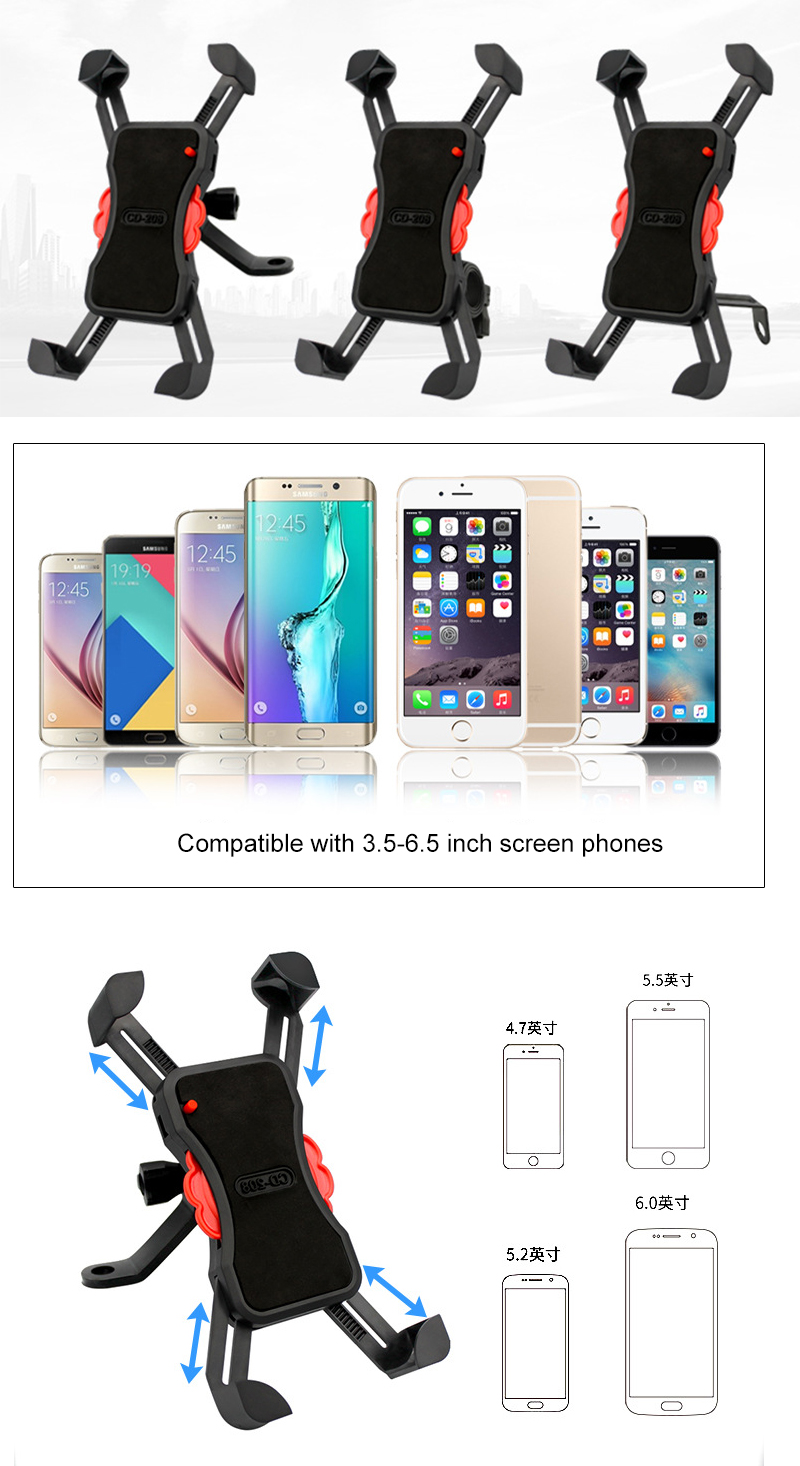 Motorcycle phone mount showing compatibility with various screen sizes