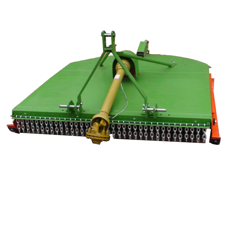 Heavy-duty rotary slasher mower with green housing and safety chains