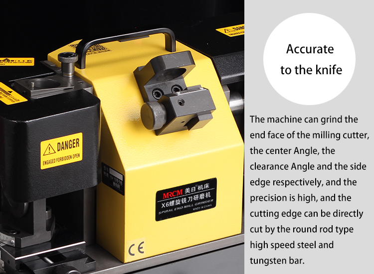 Close-up of the grinding process on an end mill cutter.