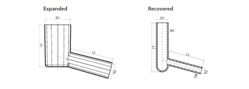 Diagram showing expanded and recovered dimensions of the right angle boot