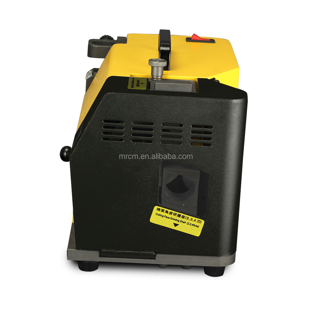 Side view of the end mill sharpener showing the cutting face grinding shelf