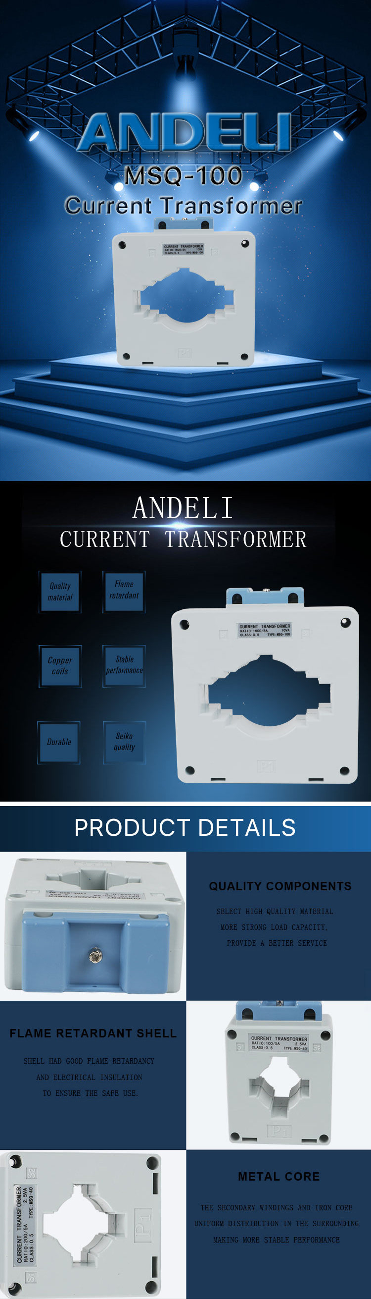 Close up of MSQ current transformer construction showing flame retardant shell and internal components