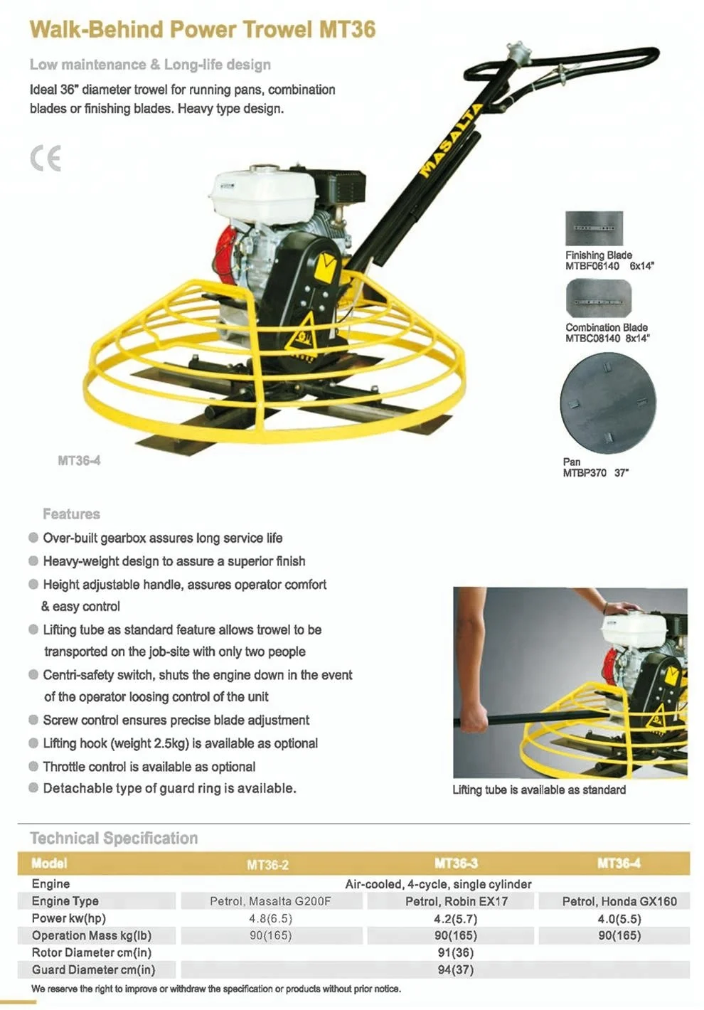 Walk-behind power trowel features and technical diagram