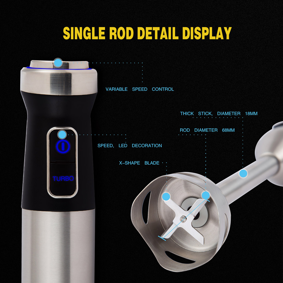 Diagram showing the dimensions and speed controls of the hand mixer
