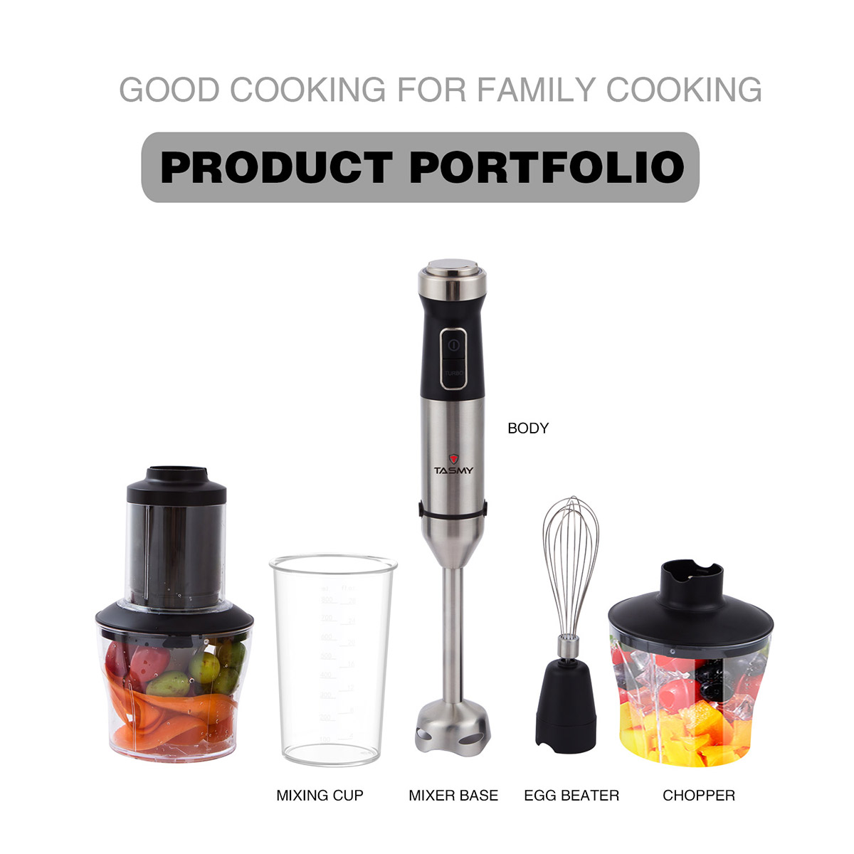 Hand mixer with full set of accessories including chopper and whisk
