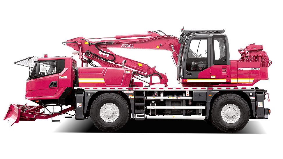 Side profile of the multi-functional rescue truck showing the boom and equipment storage