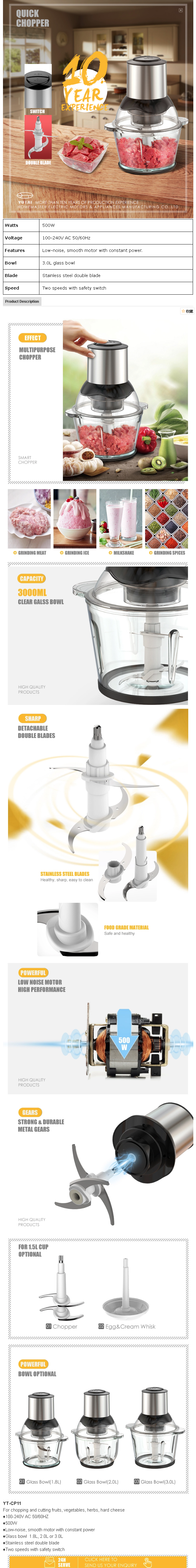 Infographic detailing the electric food chopper features including power rating, bowl size options, and blade types.