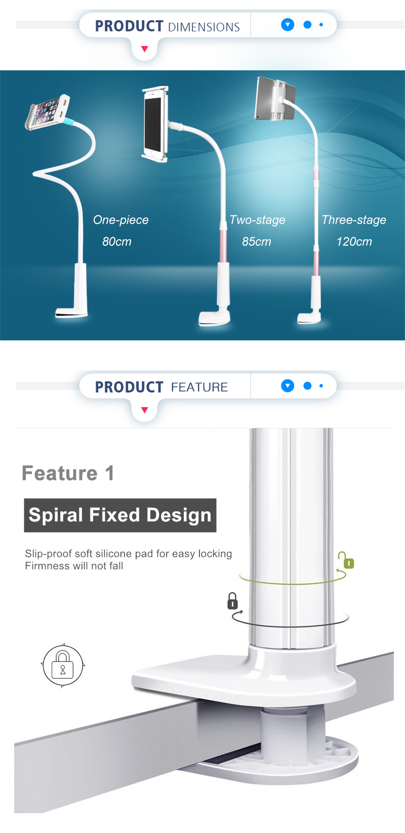 Diagram showing spiral fixed design and slip-proof silicone pad