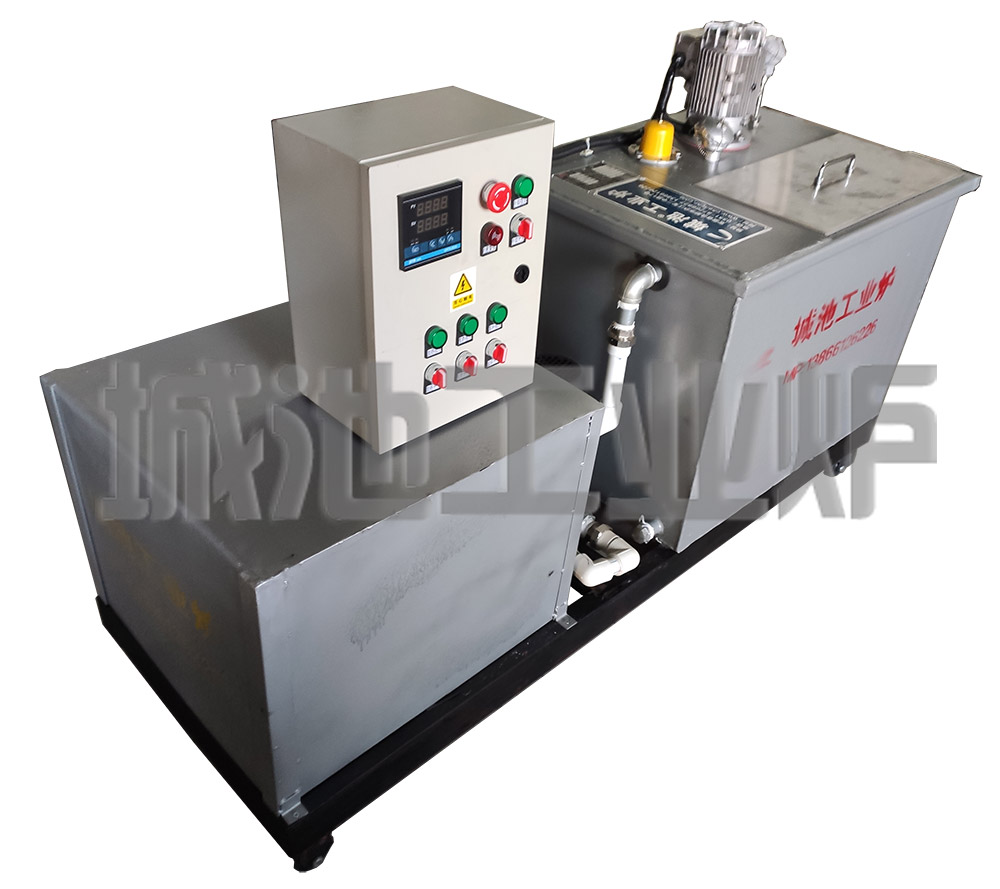 Detailed view of the mobile quenching tank control panel and circulation system