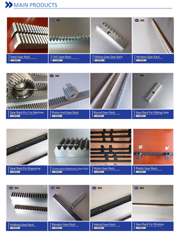 Range of various gear rack types including steel and nylon options.