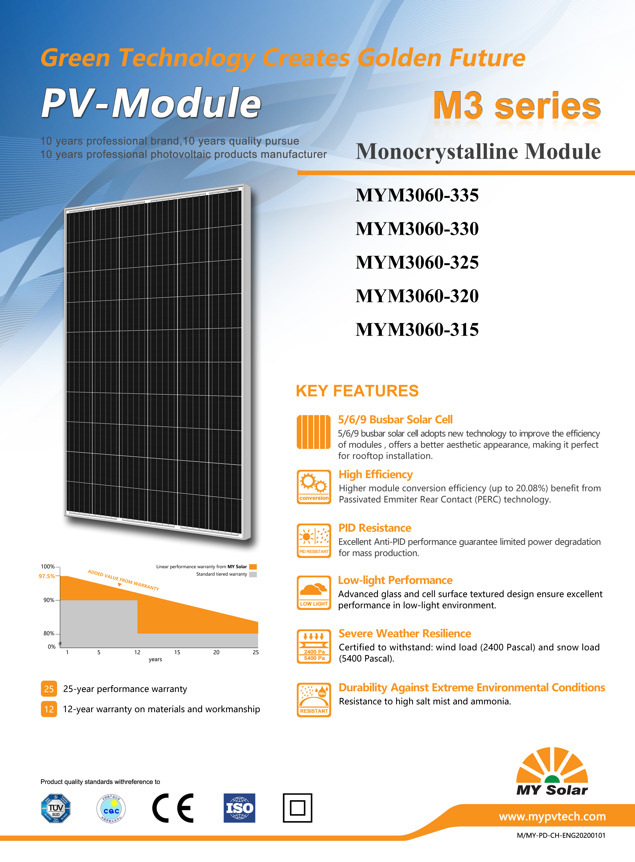 Diagram showing the linear performance warranty and key technology features of the solar module.