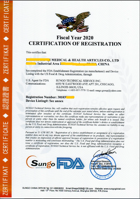FDA Establishment Registration certificate