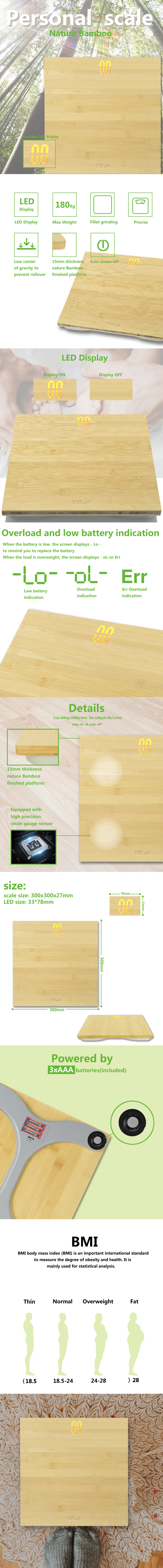 Detailed technical diagram of the bamboo body scale showing dimensions, sensors, and display indicators.