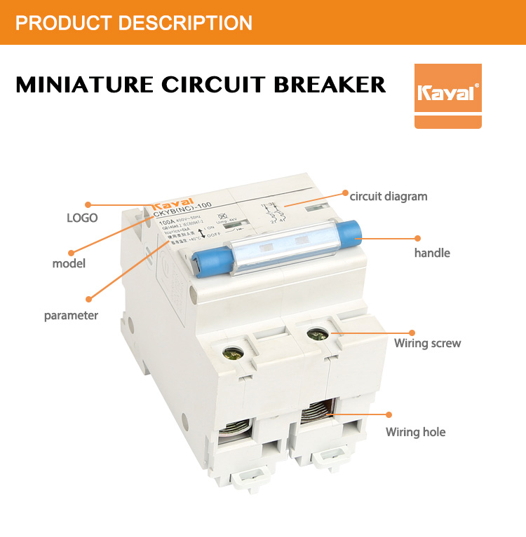 Close-up view of the miniature circuit breaker showing connection points and parameters