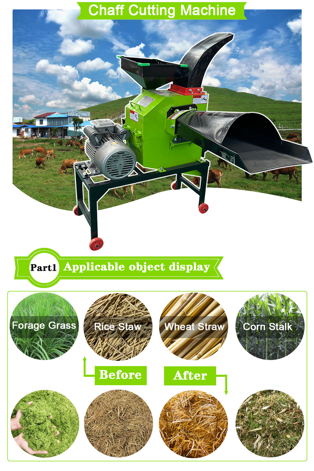 Chaff cutter processing various types of agricultural forage