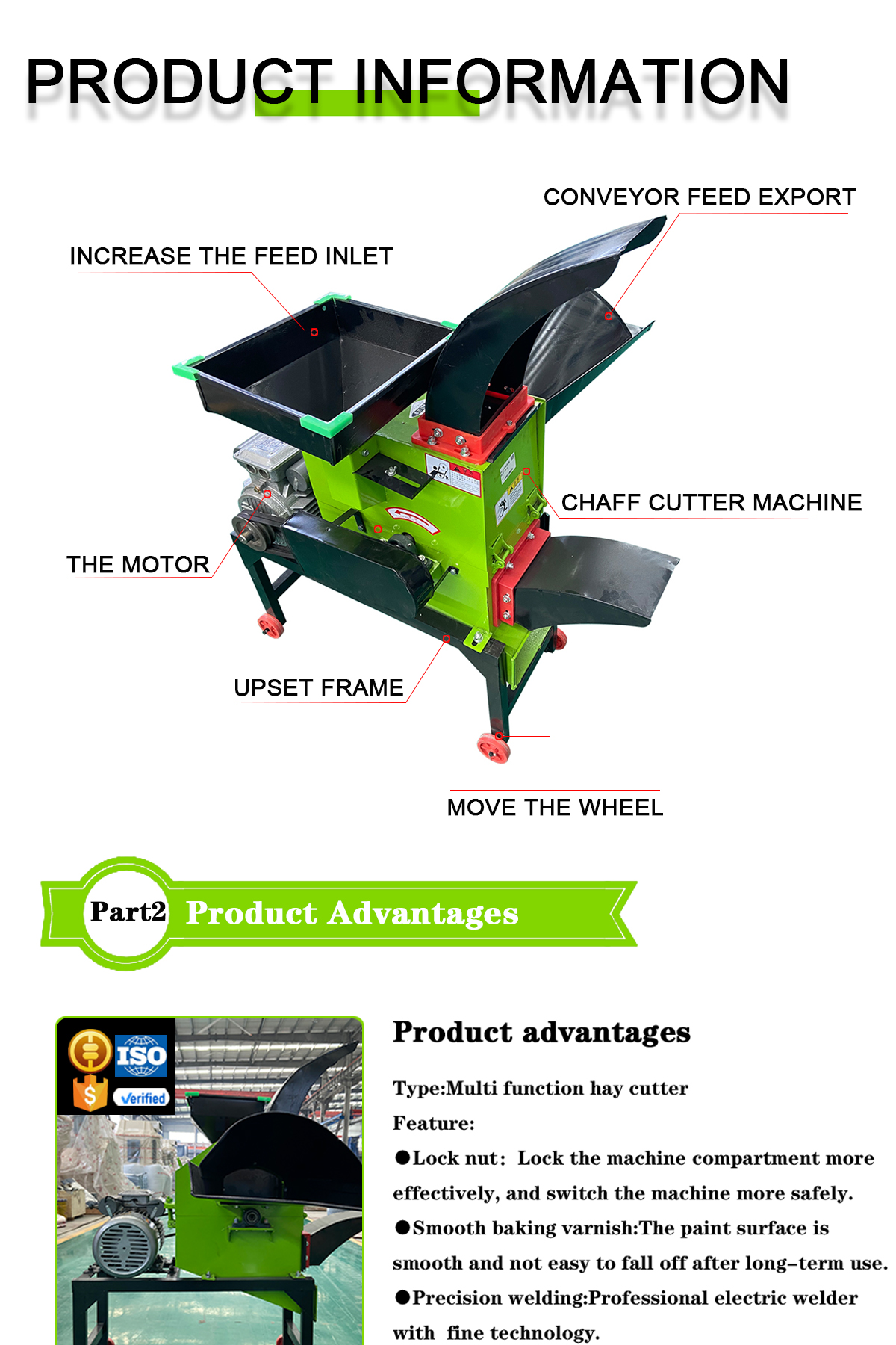 Close up of chaff cutter components including feed inlet and motor