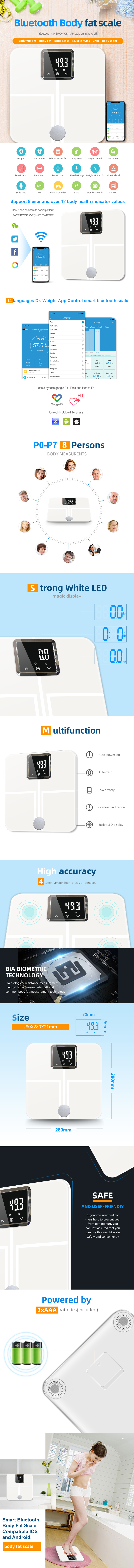 Smart Bluetooth body scale showing app interface and biometric technology features
