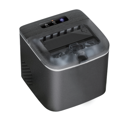 Compact ice maker unit showing electronic control panel and ventilation