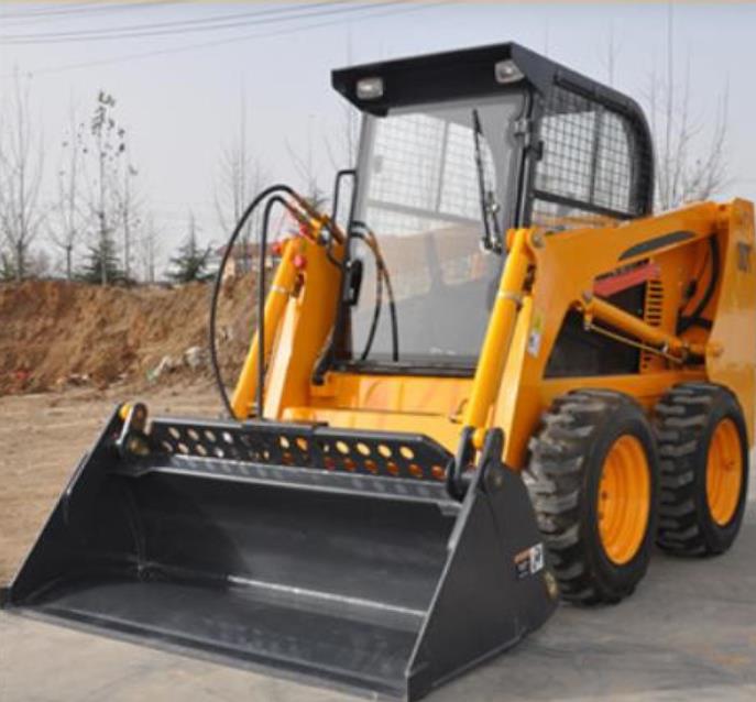 Front view of the mini skid steer loader with bucket