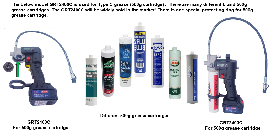 Cordless grease gun model GRT2400C with 500g cartridge protection ring