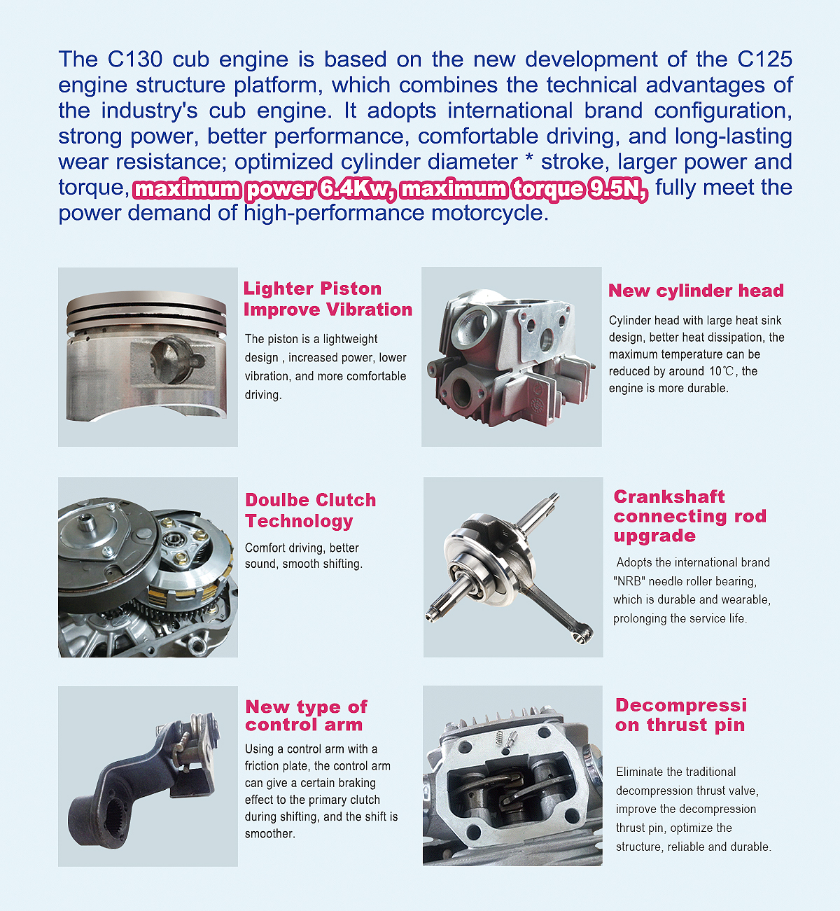 Technical diagram and feature highlights of the CUB 130 engine