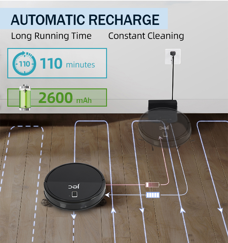 Robot vacuum showing battery life and auto-recharge feature