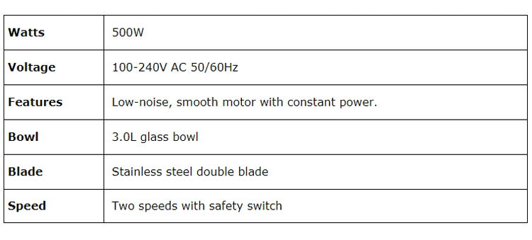 Technical specifications graphic showing 500W power and bowl capacity