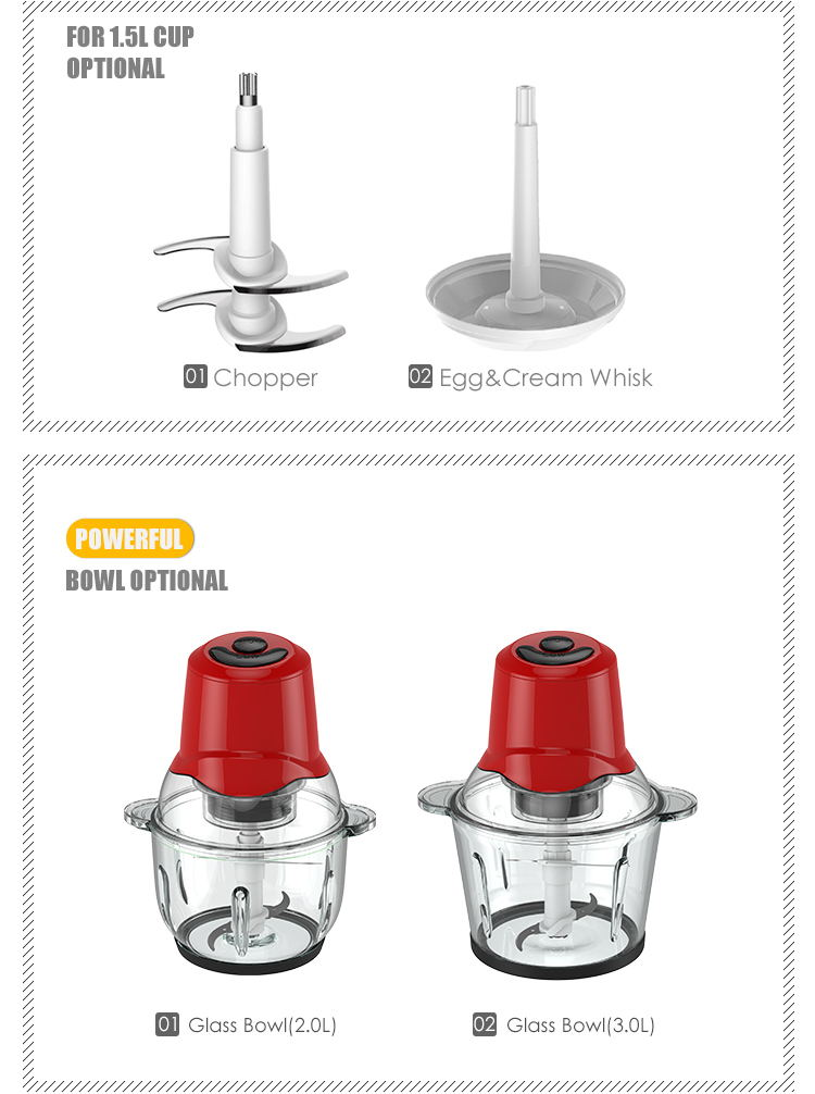 Diagram of optional attachments and bowl sizes