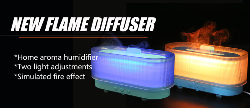 Product overview showing home aroma humidifier with flame effect
